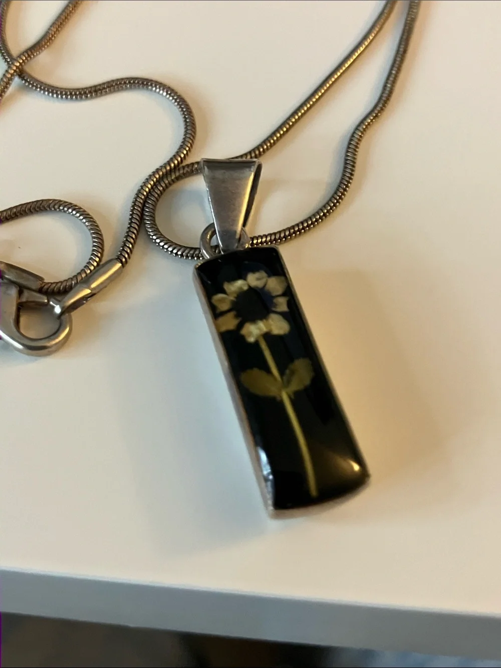 Black Floral Resin Rectangle Pendant Necklace with sterling Silver  Chain
